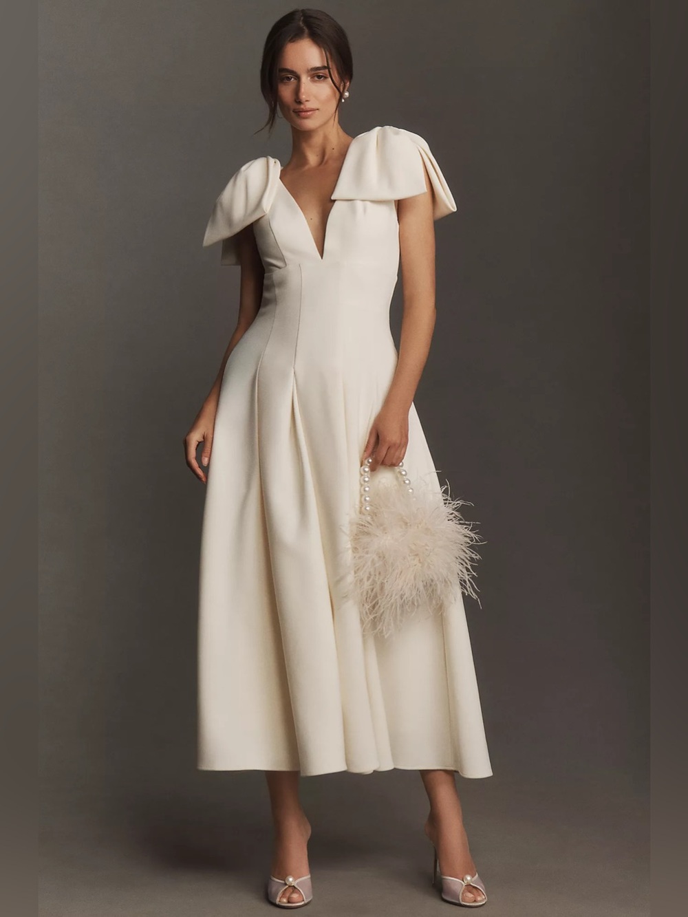 MAC DUGGAL
Bow-Strap V-Neck Crepe Fit & Flare Midi Dress